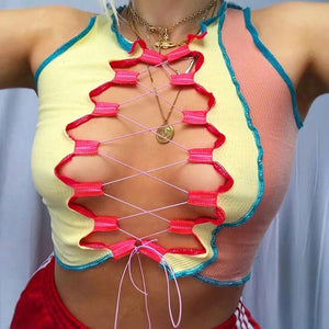 Lace Up Topstitching Ribbed Top